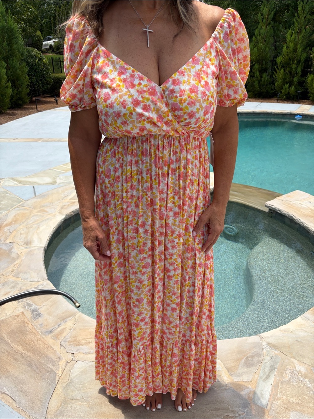 Dear John Coral Pink and Yellow Floral Puff-Sleeve Maxi Dress